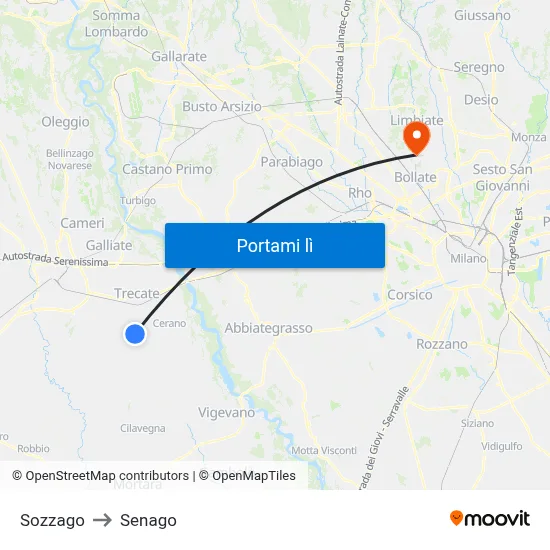 Sozzago to Senago map