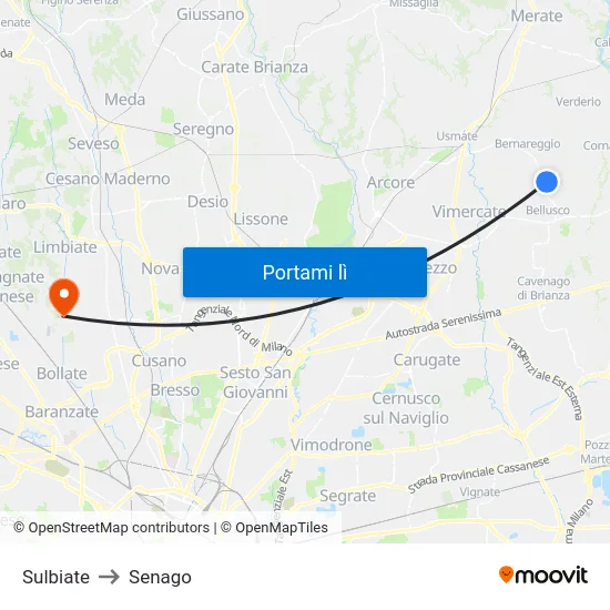 Sulbiate to Senago map