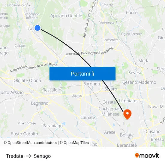 Tradate to Senago map