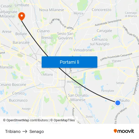 Tribiano to Senago map