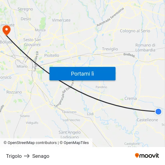 Trigolo to Senago map