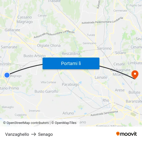Vanzaghello to Senago map