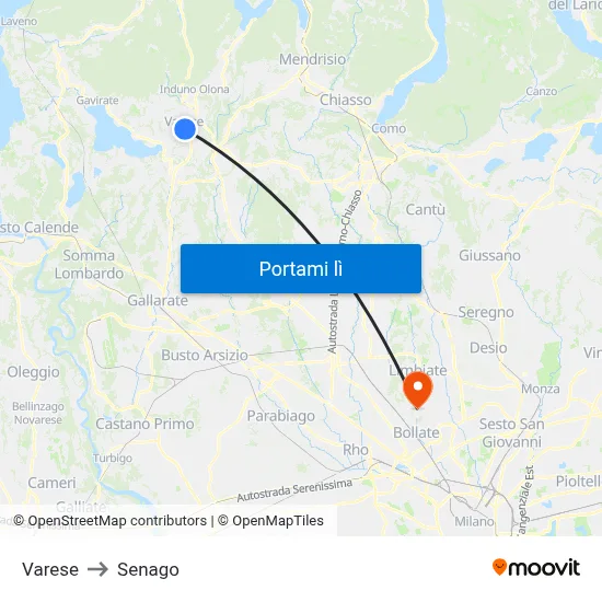 Varese to Senago map