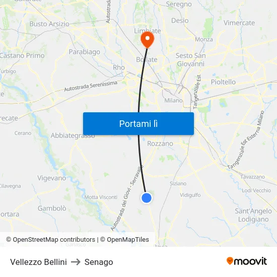 Vellezzo Bellini to Senago map