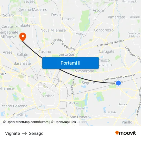 Vignate to Senago map