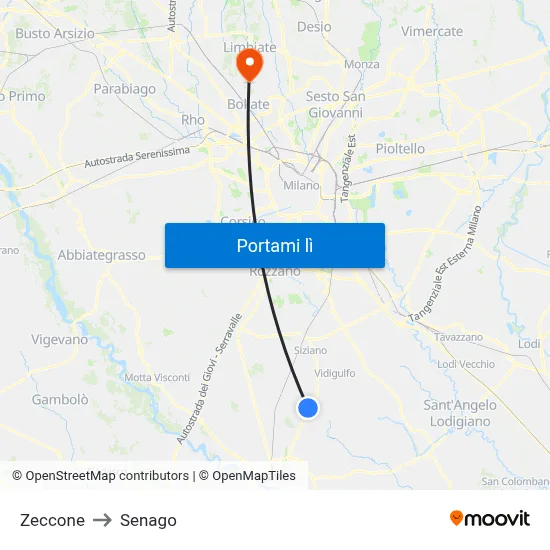 Zeccone to Senago map