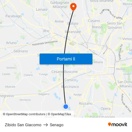 Zibido San Giacomo to Senago map