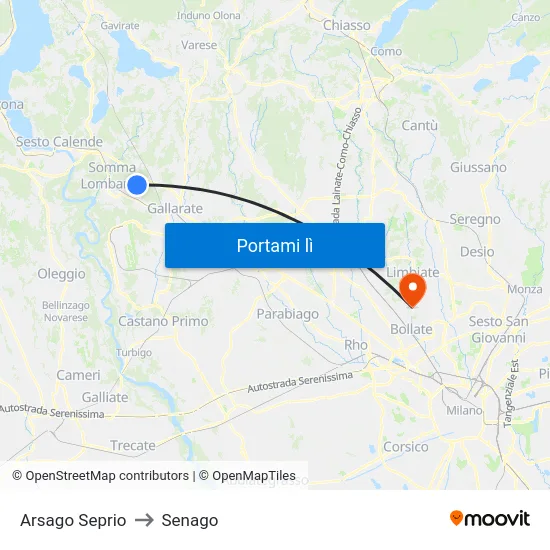 Arsago Seprio to Senago map