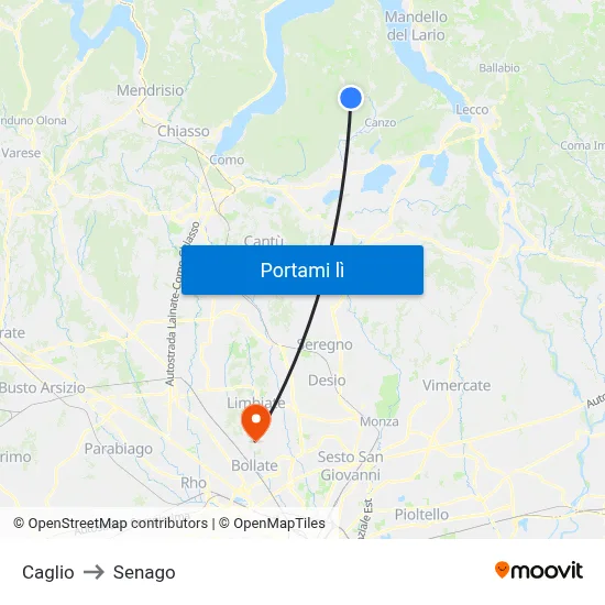 Caglio to Senago map