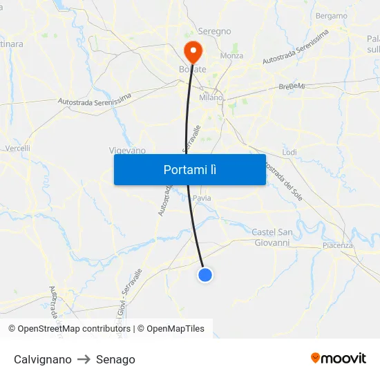 Calvignano to Senago map