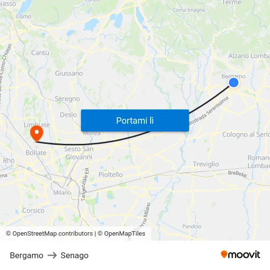 Bergamo to Senago map