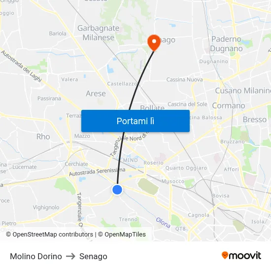 Molino Dorino to Senago map