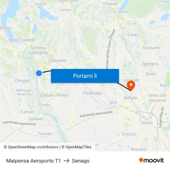 Malpensa Aeroporto T1 to Senago map