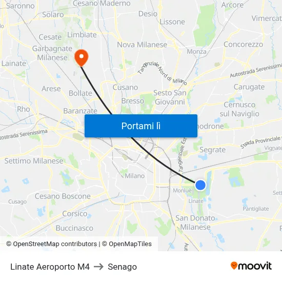 Linate Aeroporto M4 to Senago map