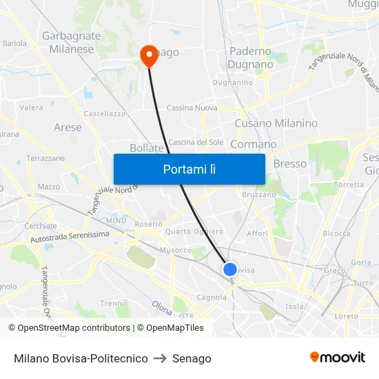 Milano Bovisa-Politecnico to Senago map
