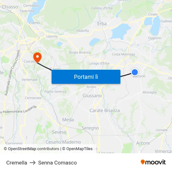 Cremella to Senna Comasco map