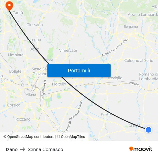 Izano to Senna Comasco map