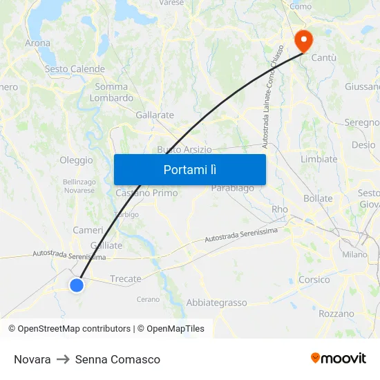 Novara to Senna Comasco map