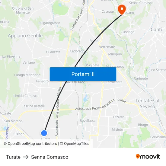 Turate to Senna Comasco map
