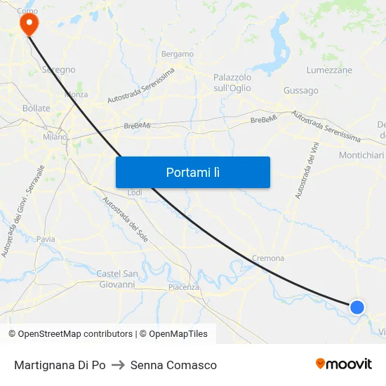 Martignana Di Po to Senna Comasco map