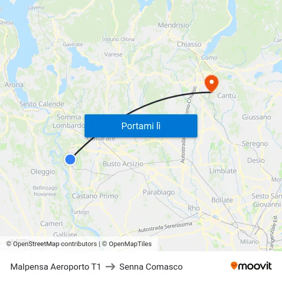 Malpensa Aeroporto T1 to Senna Comasco map