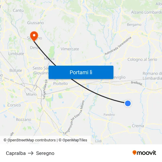 Capralba to Seregno map