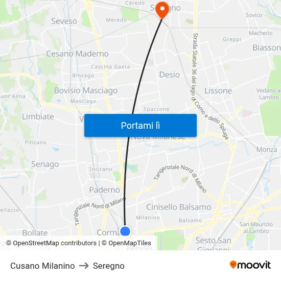 Cusano Milanino to Seregno map
