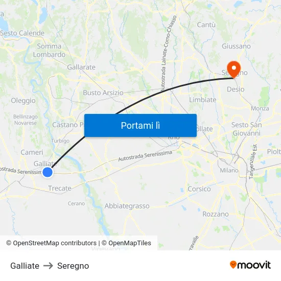 Galliate to Seregno map