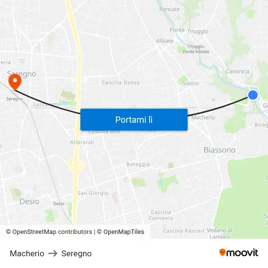 Macherio to Seregno map