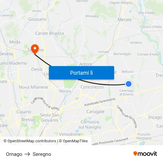 Ornago to Seregno map