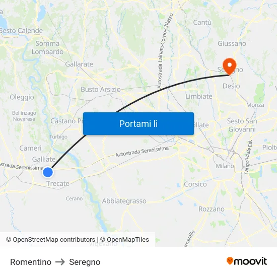 Romentino to Seregno map