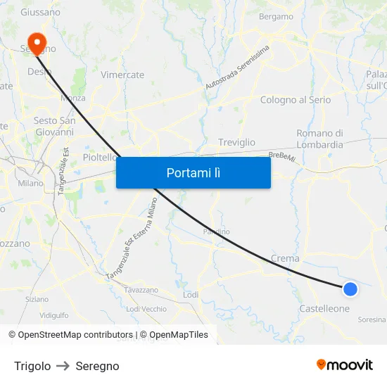 Trigolo to Seregno map