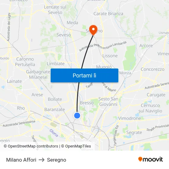 Milano Affori to Seregno map