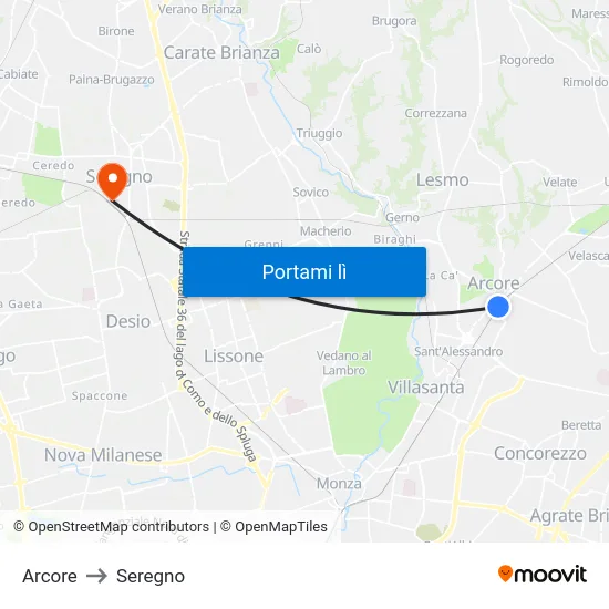 Arcore to Seregno map