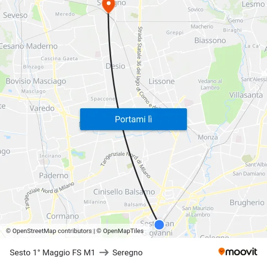 Sesto 1° Maggio FS M1 to Seregno map