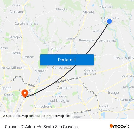 Calusco D' Adda to Sesto San Giovanni map