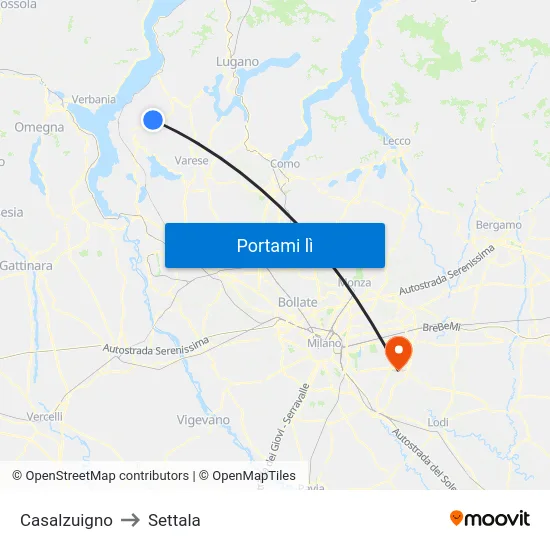 Casalzuigno to Settala map