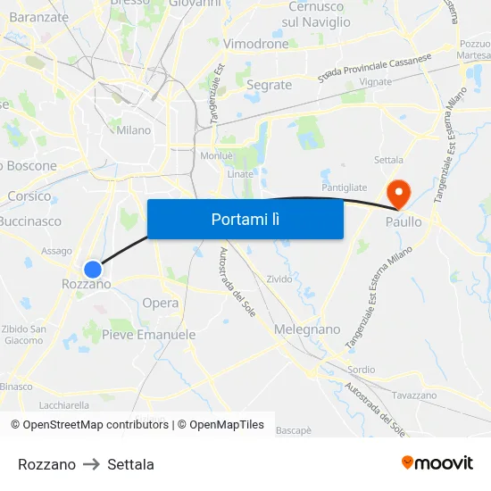 Rozzano to Settala map