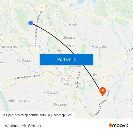 Veniano to Settala map