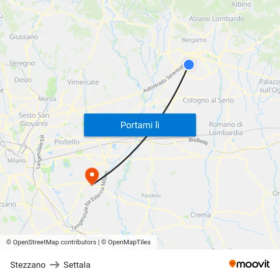 Stezzano to Settala map