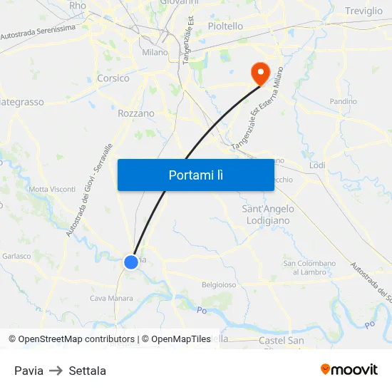 Pavia to Settala map