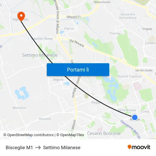 Bisceglie M1 to Settimo Milanese map