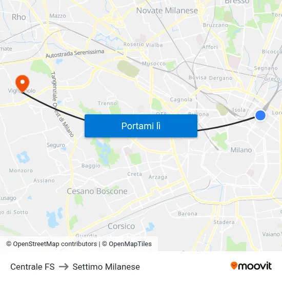 Centrale FS to Settimo Milanese map