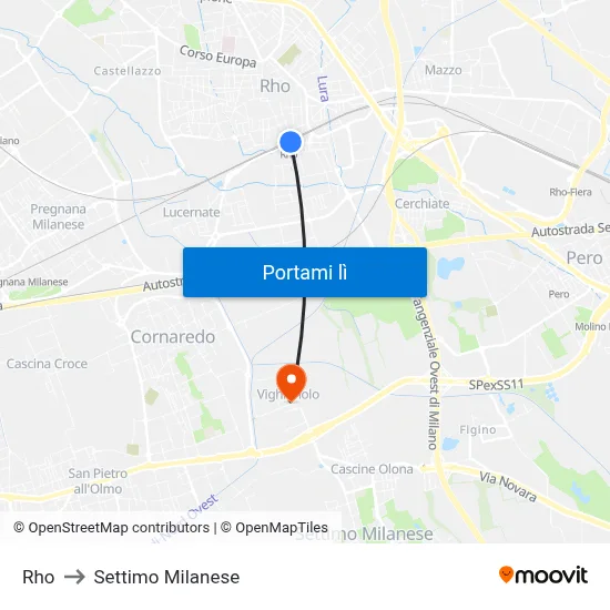 Rho to Settimo Milanese map