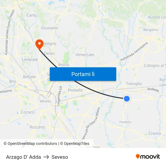 Arzago D' Adda to Seveso map