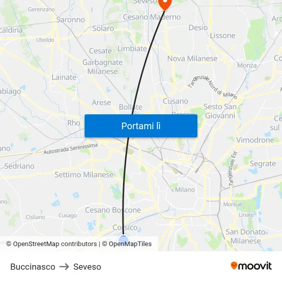 Buccinasco to Seveso map
