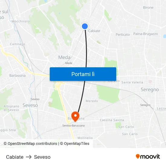 Cabiate to Seveso map