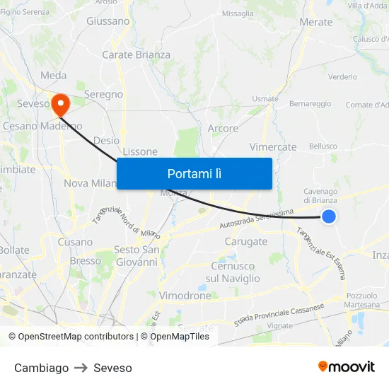 Cambiago to Seveso map