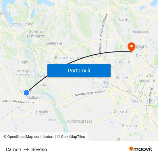 Cameri to Seveso map