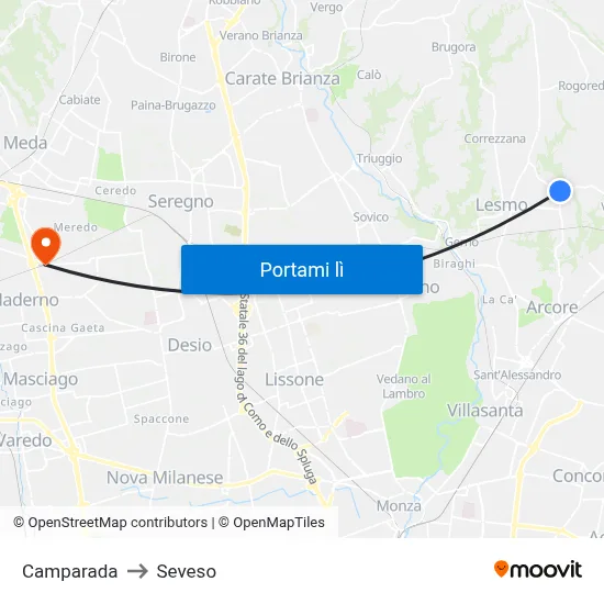 Camparada to Seveso map